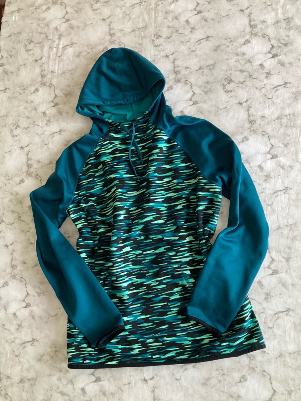 Teal & Black camo Patterned Hooded Pullover